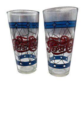 Vintage Pepsi-Cola Stained Glass Design Drinkware Set Of 2 6.5" Tumblers Red & B